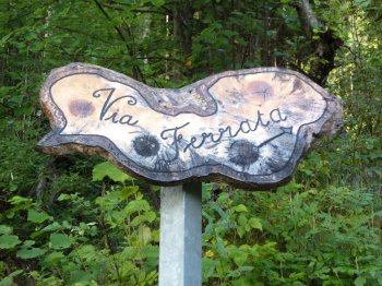 Segnale della Via Ferrata a inizio del bosco (34437 bytes)